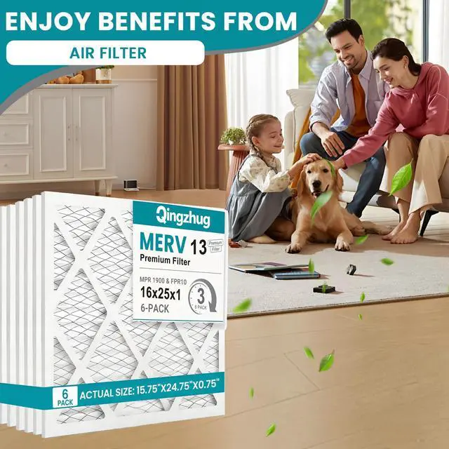 Alt view image 2 of 7 - 16x25x1 MERV 13 (6-Pack) Pleated Air Filter (Actual Size: 15.75" x 24.75" x 0.75") MPR 1900 & FPR 10, Furnace Air Filters