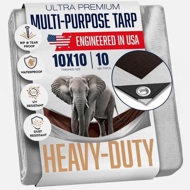 Main image of 10x10 Heavy Duty Tarp, Waterproof, 10 Mil Thick, High Durability, Tear & Fade Resistant, UV Treated, Grommets Every 18 Inches (10' x '10')