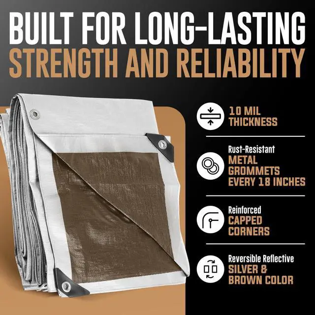 Alt view image 2 of 7 - 10x10 Heavy Duty Tarp, Waterproof, 10 Mil Thick, High Durability, Tear & Fade Resistant, UV Treated, Grommets Every 18 Inches (10' x '10')
