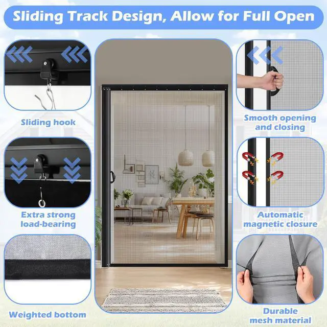 Alt view image 3 of 7 - Retractable Screen Door with Sliding Track Fits Door Size 33" x 80" (Curtain Size 34'' x 81'') Pet Friendly Magnetic Fiberglass Mesh Screen for Patio French Sliding Doors Weighted Bottom