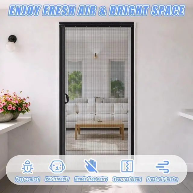Alt view image 5 of 7 - Retractable Screen Door with Sliding Track Fits Door Size 33" x 80" (Curtain Size 34'' x 81'') Pet Friendly Magnetic Fiberglass Mesh Screen for Patio French Sliding Doors Weighted Bottom