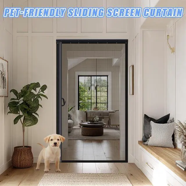 Alt view image 7 of 7 - Retractable Screen Door with Sliding Track Fits Door Size 33" x 80" (Curtain Size 34'' x 81'') Pet Friendly Magnetic Fiberglass Mesh Screen for Patio French Sliding Doors Weighted Bottom