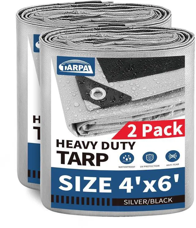 Main image of Small Tarps 4x6 Feet(2-Pack) Heavy Duty Tarp 10.5Mil,Silver/Black | Multipurpose Protective Cover with grommets Waterproof,Snow or UV Protection,Durable Reinforced Edges