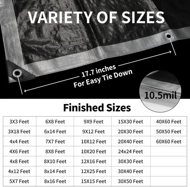 Alt view image 5 of 7 - Small Tarps 4x6 Feet(2-Pack) Heavy Duty Tarp 10.5Mil,Silver/Black | Multipurpose Protective Cover with grommets Waterproof,Snow or UV Protection,Durable Reinforced Edges