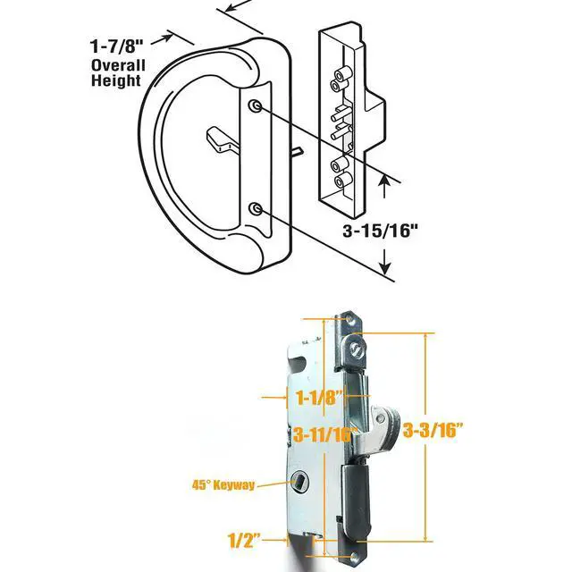 Alt view image 2 of 7 - Sliding Patio Door Handle Set with Key Cylinder and Mortise Lock, Full Replacement Handle Lock Set Fits Door Thickness from 1-1/2" to 1-3/4", 3-15/16 Screw Hole Spacing, Reversible Design(Non-Handed)