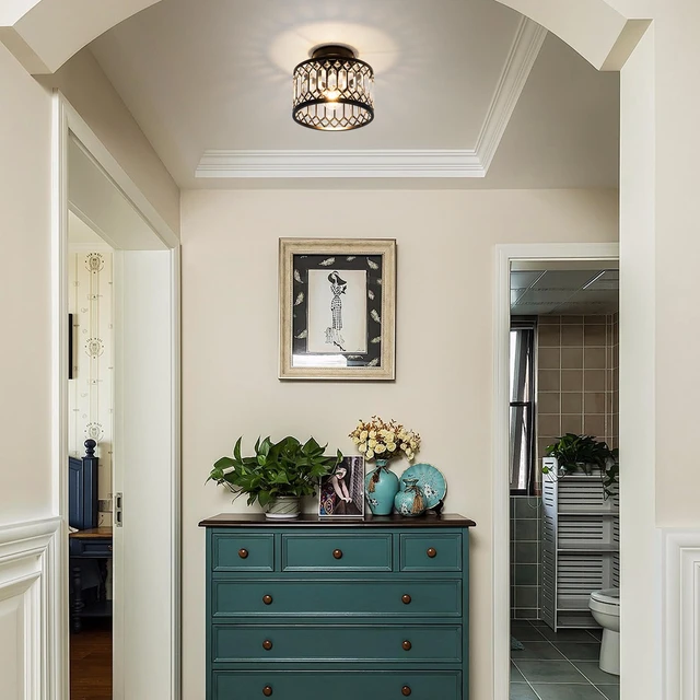 Alt view image 4 of 7 - Crystal Ceiling Light Fixture, Modern Semi Flush Mount Ceiling Light,Crystal Chandelier for Kitchen Bedroom Bathroom Entryway Black (Bulb not Included)