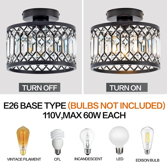 Alt view image 3 of 7 - Crystal Ceiling Light Fixture, Modern Semi Flush Mount Ceiling Light,Crystal Chandelier for Kitchen Bedroom Bathroom Entryway Black (Bulb not Included)