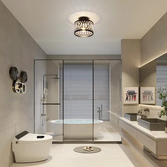 Alt view image 6 of 7 - Crystal Ceiling Light Fixture, Modern Semi Flush Mount Ceiling Light,Crystal Chandelier for Kitchen Bedroom Bathroom Entryway Black (Bulb not Included)