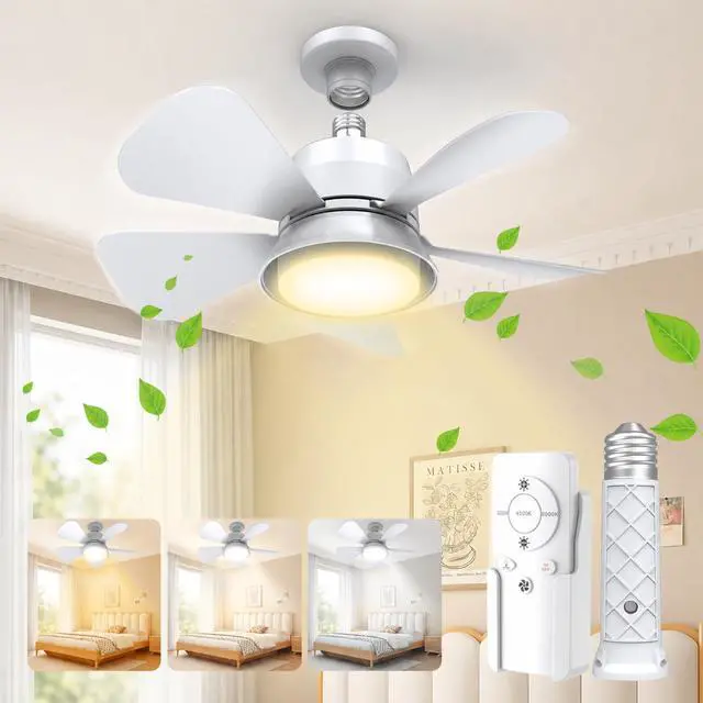 Main image of Socket Fan Light with Remote, 1000LM Dimmable LED, for E26/E27 | Small Ceiling Fan with Light, 3 Color Modes, 5-Level Dimmable Brightness, E26/E27 Installation for Bedroom, Kitchen, Garage