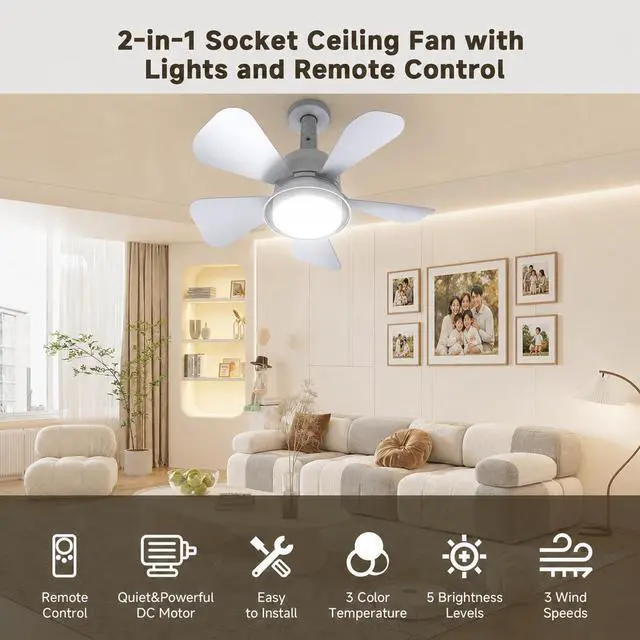 Alt view image 2 of 7 - Socket Fan Light with Remote, 1000LM Dimmable LED, for E26/E27 | Small Ceiling Fan with Light, 3 Color Modes, 5-Level Dimmable Brightness, E26/E27 Installation for Bedroom, Kitchen, Garage