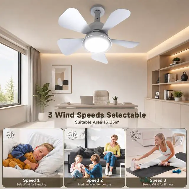 Alt view image 3 of 7 - Socket Fan Light with Remote, 1000LM Dimmable LED, for E26/E27 | Small Ceiling Fan with Light, 3 Color Modes, 5-Level Dimmable Brightness, E26/E27 Installation for Bedroom, Kitchen, Garage