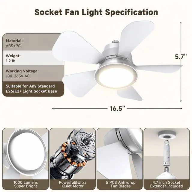 Alt view image 5 of 7 - Socket Fan Light with Remote, 1000LM Dimmable LED, for E26/E27 | Small Ceiling Fan with Light, 3 Color Modes, 5-Level Dimmable Brightness, E26/E27 Installation for Bedroom, Kitchen, Garage