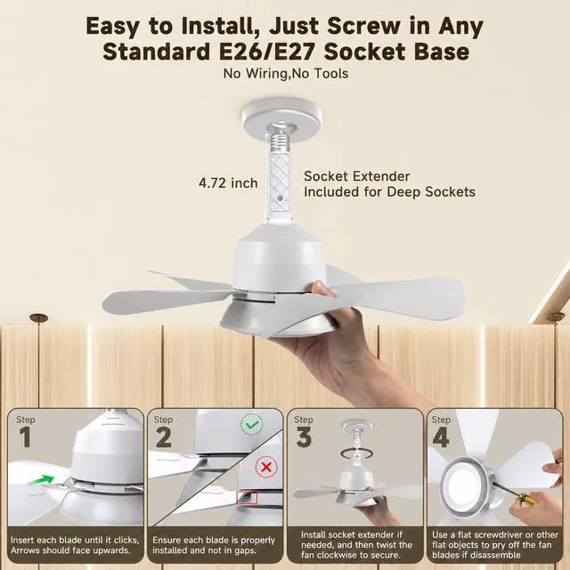 Alt view image 6 of 7 - Socket Fan Light with Remote, 1000LM Dimmable LED, for E26/E27 | Small Ceiling Fan with Light, 3 Color Modes, 5-Level Dimmable Brightness, E26/E27 Installation for Bedroom, Kitchen, Garage