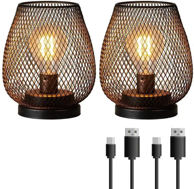 Main image of Set of 2 Rechargeable Lamp LED Table Lantern, Brown Metal Cage Cordless Lamps with LED BulbVintage Decorative Outdoor Lantern for Weddings, Parties, Patio, Events for Indoors Shelf Decor