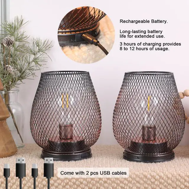 Alt view image 3 of 7 - Set of 2 Rechargeable Lamp LED Table Lantern, Brown Metal Cage Cordless Lamps with LED BulbVintage Decorative Outdoor Lantern for Weddings, Parties, Patio, Events for Indoors Shelf Decor