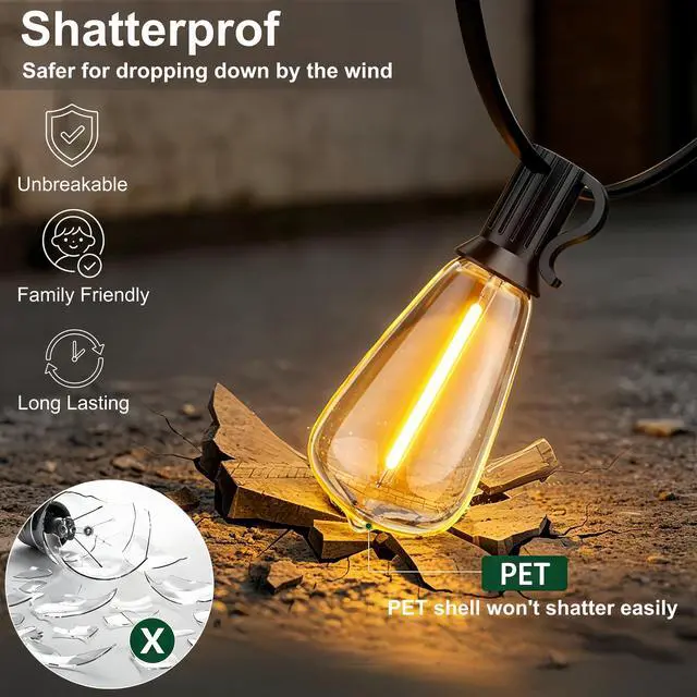 Alt view image 3 of 7 - 100FT Outdoor String Lights, Waterproof Patio Lights with Clear Shatterproof Plastic ST38 Vintage Edison Bulbs, Connectable Outside Hanging Lights for Backyard, Porch, Deck, Balcony, Garden, 2700K