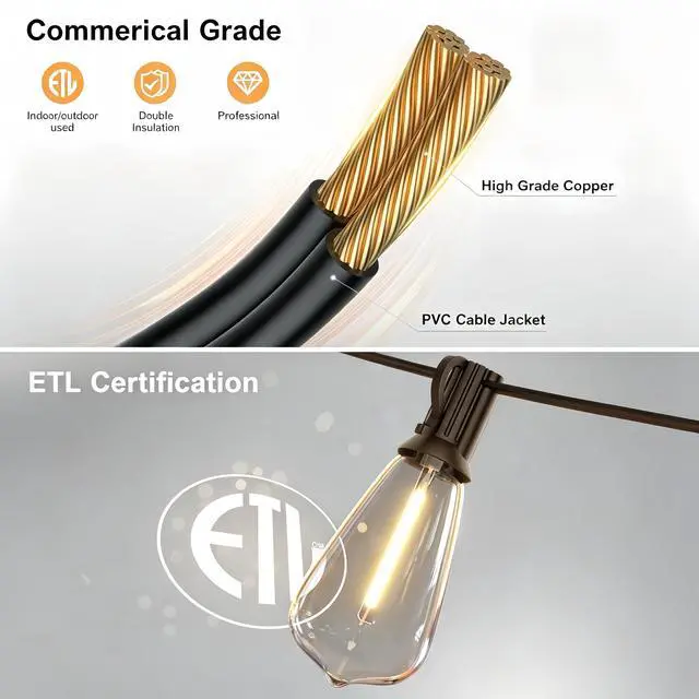 Alt view image 5 of 7 - 100FT Outdoor String Lights, Waterproof Patio Lights with Clear Shatterproof Plastic ST38 Vintage Edison Bulbs, Connectable Outside Hanging Lights for Backyard, Porch, Deck, Balcony, Garden, 2700K