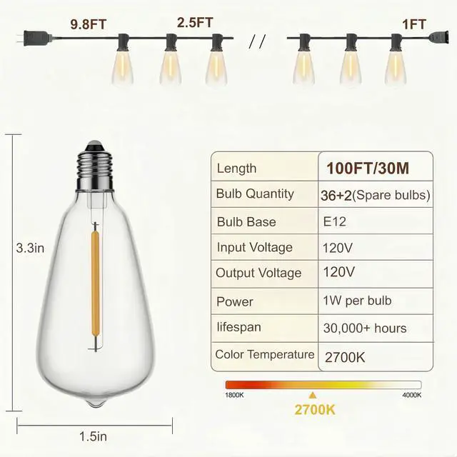 Alt view image 6 of 7 - 100FT Outdoor String Lights, Waterproof Patio Lights with Clear Shatterproof Plastic ST38 Vintage Edison Bulbs, Connectable Outside Hanging Lights for Backyard, Porch, Deck, Balcony, Garden, 2700K