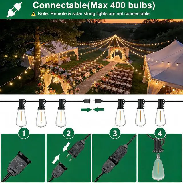 Alt view image 7 of 7 - 100FT Outdoor String Lights, Waterproof Patio Lights with Clear Shatterproof Plastic ST38 Vintage Edison Bulbs, Connectable Outside Hanging Lights for Backyard, Porch, Deck, Balcony, Garden, 2700K