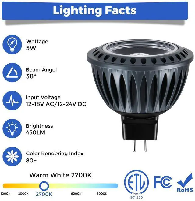 Alt view image 2 of 7 - MR16 LED Light Blub, 5W 2700K Warm White 450 Lumens Dimmable, Aluminum Housing, Low Voltage 12V Input,GU5.3 bi-pin Light Bulbs for Landscape &Accent Lighting, Indoor/Outdoor Use,6-Pack