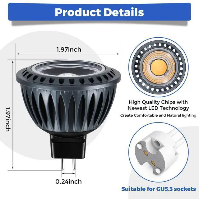 Alt view image 5 of 7 - MR16 LED Light Blub, 5W 2700K Warm White 450 Lumens Dimmable, Aluminum Housing, Low Voltage 12V Input,GU5.3 bi-pin Light Bulbs for Landscape &Accent Lighting, Indoor/Outdoor Use,6-Pack