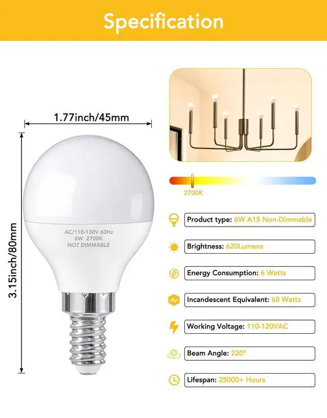 Alt view image 3 of 7 - A15 E12 Small Base LED Light Bulbs, 6W Non-dimmable 2700K Soft White 6 Pack | Bright 60W Equivalent 85+ CRI for Ceiling Fan Candelabra Energy Efficient Flicker Free