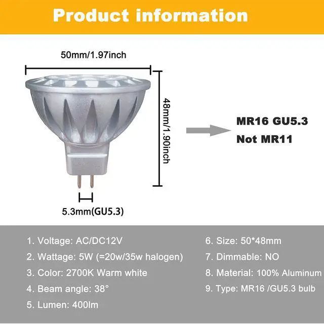 Alt view image 3 of 6 - MR16 Led Bulbs 12V Landscape Low Voltage 20W 35W 50W Equivalent,Warm | 5W 2700K Soft Warm White,MR16 GU5.3 Bulb Spotlights for Outdoor Flood Track Lighting,450lm,Not Dimmable,38 Deg,6 Pack