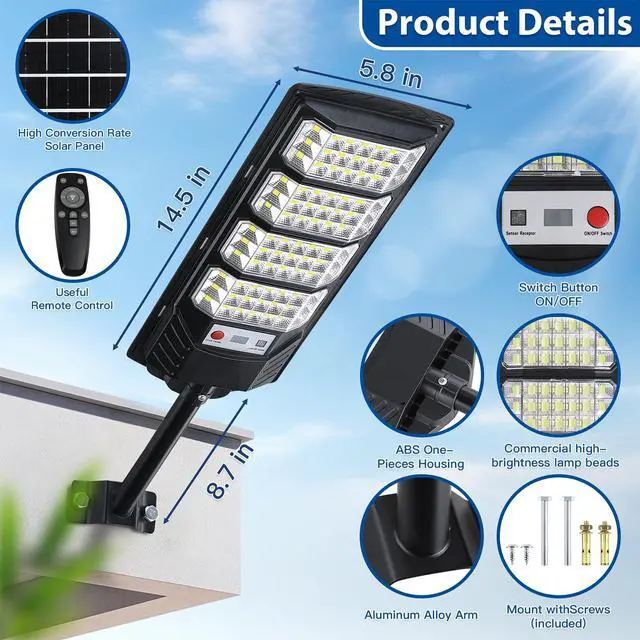 Alt view image 5 of 7 - 2 Pack Solar Street Lights Outdoor Waterproof,6500K LED Motion Sensor Lights,Dusk to Dawn Solar Flood Lights with Remote,Parking Lot Light,Commercial Area Lighting for Outside