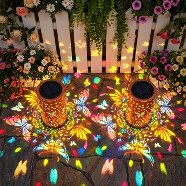Alt view image 2 of 7 - Colorful Butterfly Solar Lanterns Outdoor Decor, Garden Decor Gifts for Women Mom Sister Grandma, LED Hanging Solar Lantern Lights Outside for Table Yard Lawn Garden Path Porch