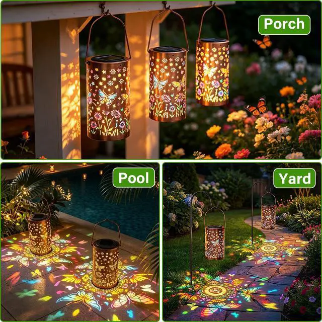Alt view image 3 of 7 - Colorful Butterfly Solar Lanterns Outdoor Decor, Garden Decor Gifts for Women Mom Sister Grandma, LED Hanging Solar Lantern Lights Outside for Table Yard Lawn Garden Path Porch
