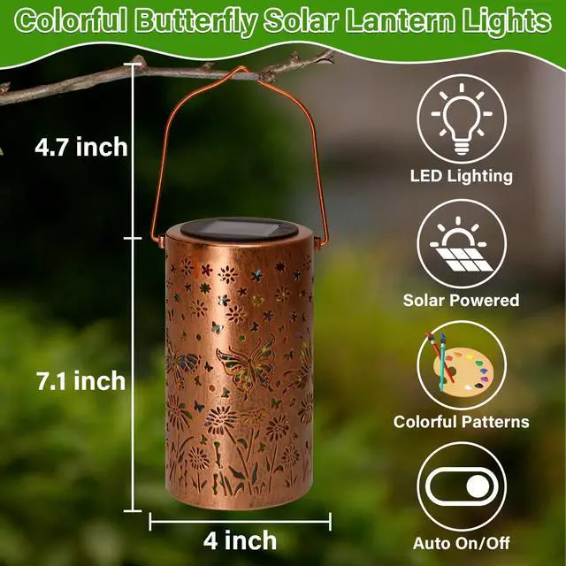 Alt view image 7 of 7 - Colorful Butterfly Solar Lanterns Outdoor Decor, Garden Decor Gifts for Women Mom Sister Grandma, LED Hanging Solar Lantern Lights Outside for Table Yard Lawn Garden Path Porch