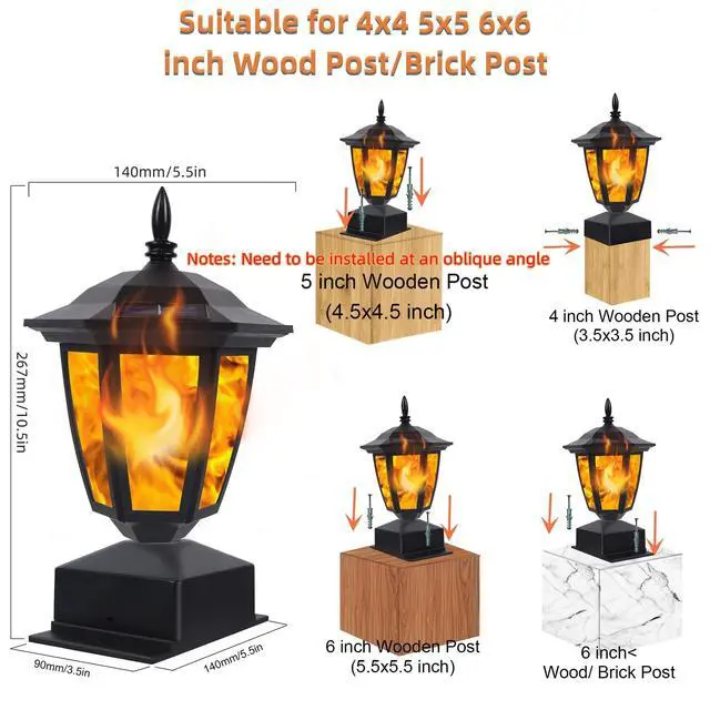 Alt view image 2 of 6 - Solar Flame Post Lights Outdoor, Solar Powered Lamps Fence Post Cap Lights, Flickering Flame LED Lantern Decorative Waterproof for Garden Deck Patio, Fit 4x4, 5x5 or 6x6 Wooden Posts, 2 Pack