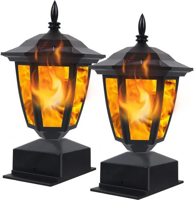 Main image of Solar Flame Post Lights Outdoor, Solar Powered Lamps Fence Post Cap Lights, Flickering Flame LED Lantern Decorative Waterproof for Garden Deck Patio, Fit 4x4, 5x5 or 6x6 Wooden Posts, 2 Pack