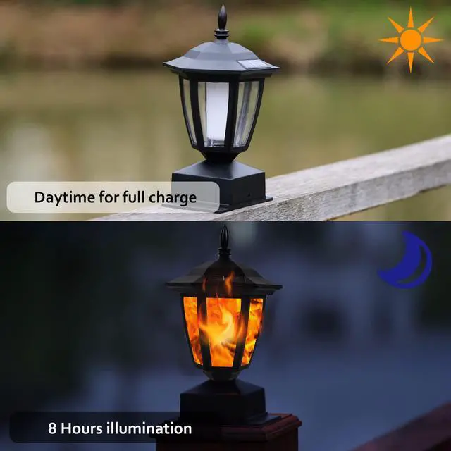 Alt view image 3 of 6 - Solar Flame Post Lights Outdoor, Solar Powered Lamps Fence Post Cap Lights, Flickering Flame LED Lantern Decorative Waterproof for Garden Deck Patio, Fit 4x4, 5x5 or 6x6 Wooden Posts, 2 Pack