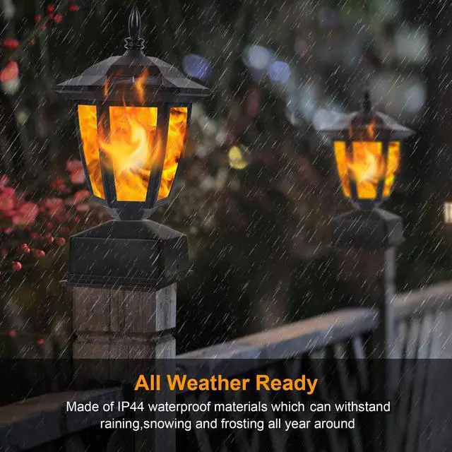 Alt view image 4 of 6 - Solar Flame Post Lights Outdoor, Solar Powered Lamps Fence Post Cap Lights, Flickering Flame LED Lantern Decorative Waterproof for Garden Deck Patio, Fit 4x4, 5x5 or 6x6 Wooden Posts, 2 Pack