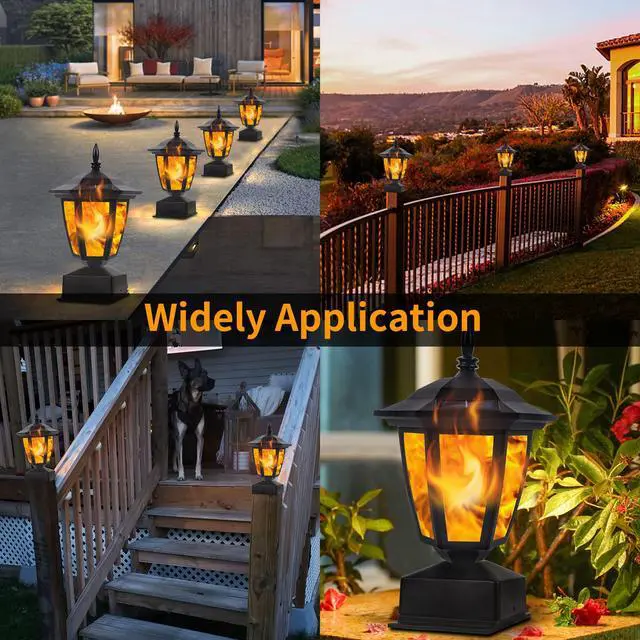 Alt view image 5 of 6 - Solar Flame Post Lights Outdoor, Solar Powered Lamps Fence Post Cap Lights, Flickering Flame LED Lantern Decorative Waterproof for Garden Deck Patio, Fit 4x4, 5x5 or 6x6 Wooden Posts, 2 Pack