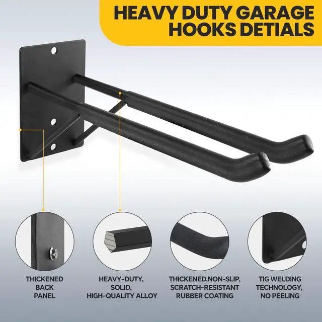 Alt view image 2 of 7 - 14" Large Heavy Duty Garage Hooks, 4-Pack Steel Garage Storage Hooks with Support Rods, Utility Wall Mount Hangers for Power Tools, Car Tires, Ladders, Chairs, Garden Tools and More