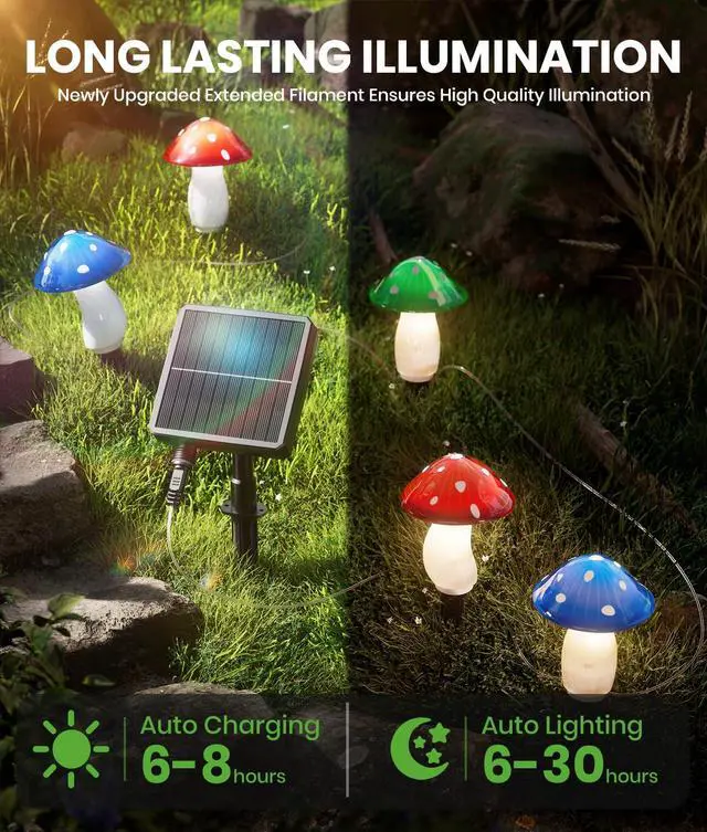 Alt view image 5 of 6 - Solar Mushroom Lights Outdoor, 9 Pack 30FT Multicolor 8 Modes Solar Garden Lights, IP65 Waterproof Pathway Light Outdoor Decoration for Party, Garden, Yard, Patio, Lawn Decor (Multicolor)