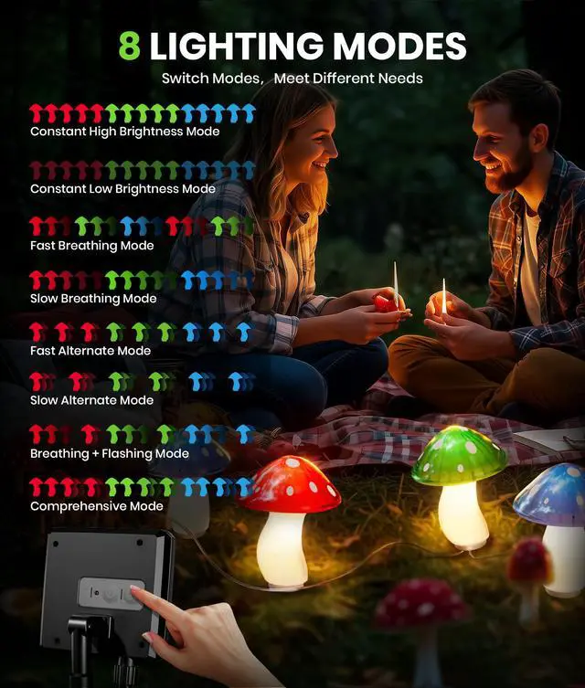 Alt view image 3 of 6 - Solar Mushroom Lights Outdoor, 9 Pack 30FT Multicolor 8 Modes Solar Garden Lights, IP65 Waterproof Pathway Light Outdoor Decoration for Party, Garden, Yard, Patio, Lawn Decor (Multicolor)