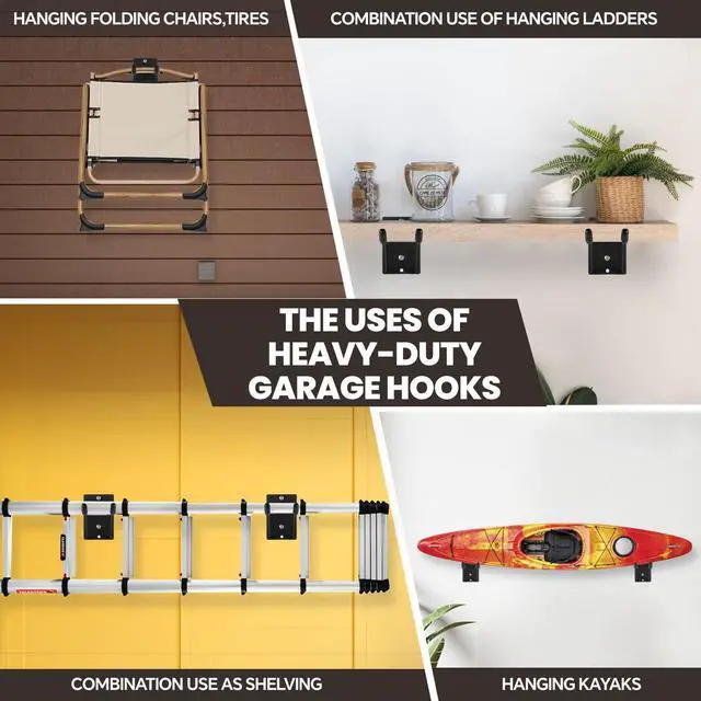 Alt view image 4 of 7 - 14" Large Heavy Duty Garage Hooks, 4-Pack Steel Garage Storage Hooks with Support Rods, Utility Wall Mount Hangers for Power Tools, Car Tires, Ladders, Chairs, Garden Tools and More