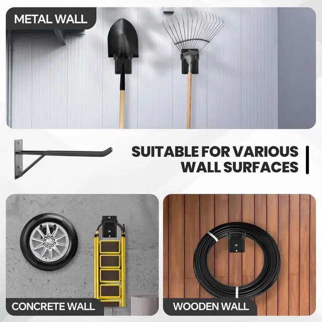 Alt view image 5 of 7 - 14" Large Heavy Duty Garage Hooks, 4-Pack Steel Garage Storage Hooks with Support Rods, Utility Wall Mount Hangers for Power Tools, Car Tires, Ladders, Chairs, Garden Tools and More
