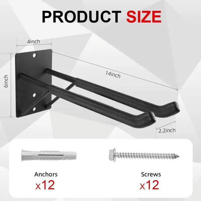 Alt view image 6 of 7 - 14" Large Heavy Duty Garage Hooks, 4-Pack Steel Garage Storage Hooks with Support Rods, Utility Wall Mount Hangers for Power Tools, Car Tires, Ladders, Chairs, Garden Tools and More