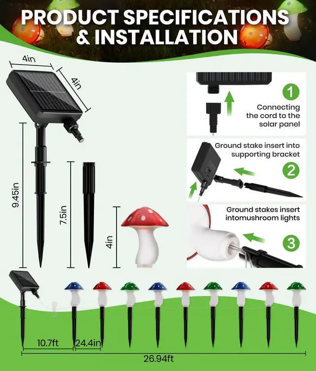Alt view image 6 of 6 - Solar Mushroom Lights Outdoor, 9 Pack 30FT Multicolor 8 Modes Solar Garden Lights, IP65 Waterproof Pathway Light Outdoor Decoration for Party, Garden, Yard, Patio, Lawn Decor (Multicolor)