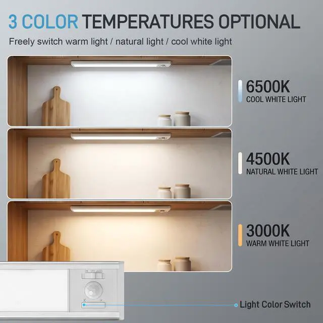Alt view image 3 of 7 - 6Pack Aluminum Under Cabinet Lighting, 10inch Rechargeable Ultra-Thin Magnetic Motion Sensor Closet Lights, 3 Colors & Dimmable, USB-C Wireless Under Counter Lights for Kitchen, Pantry, Wardrobe