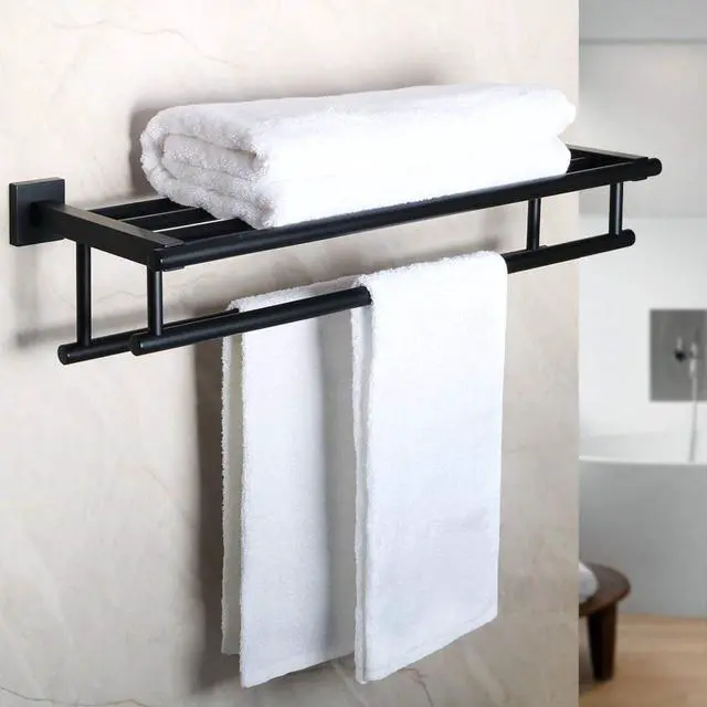 Main image of Double Towel Rack for Bathroom Wall Mounted 24 Inch,Matte Black | Bathroom Tower Holder Towel Shelf with Double Towel Bars,SUS304 Stainless Steel Towel Rack with Shelf for Lavatory Kitchen