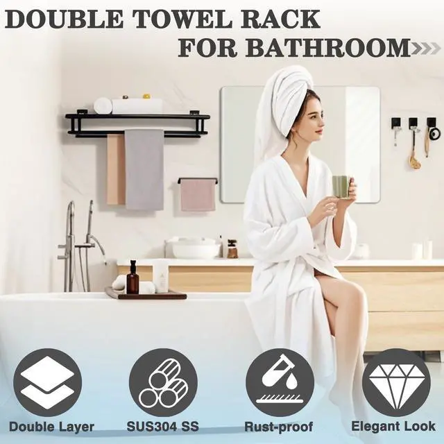 Alt view image 2 of 7 - Double Towel Rack for Bathroom Wall Mounted 24 Inch,Matte Black | Bathroom Tower Holder Towel Shelf with Double Towel Bars,SUS304 Stainless Steel Towel Rack with Shelf for Lavatory Kitchen