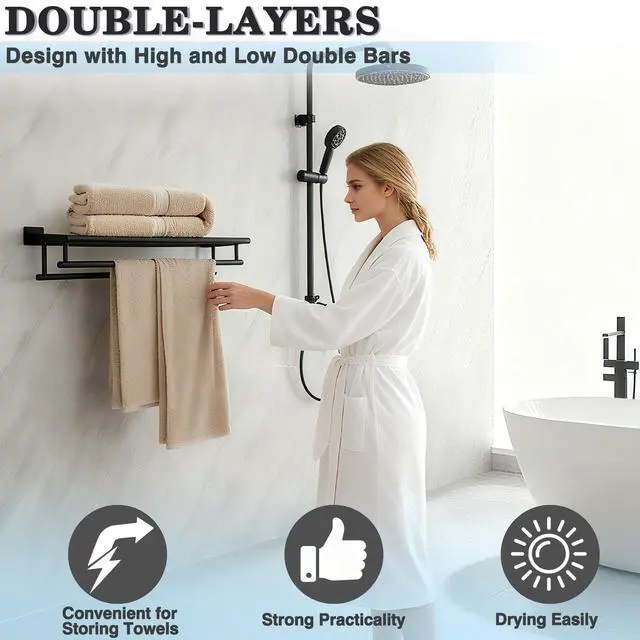 Alt view image 3 of 7 - Double Towel Rack for Bathroom Wall Mounted 24 Inch,Matte Black | Bathroom Tower Holder Towel Shelf with Double Towel Bars,SUS304 Stainless Steel Towel Rack with Shelf for Lavatory Kitchen