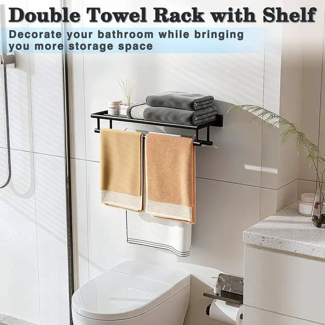 Alt view image 4 of 7 - Double Towel Rack for Bathroom Wall Mounted 24 Inch,Matte Black | Bathroom Tower Holder Towel Shelf with Double Towel Bars,SUS304 Stainless Steel Towel Rack with Shelf for Lavatory Kitchen