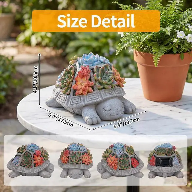Alt view image 3 of 7 - Solar Turtle Garden Outdoor Decor with Succulent & 7 LED Lights Outside Tortoise Statue Decor for Yard Patio Balcony & Backyard - Home House Decoration Art - Gift for Men Dad Women Mom