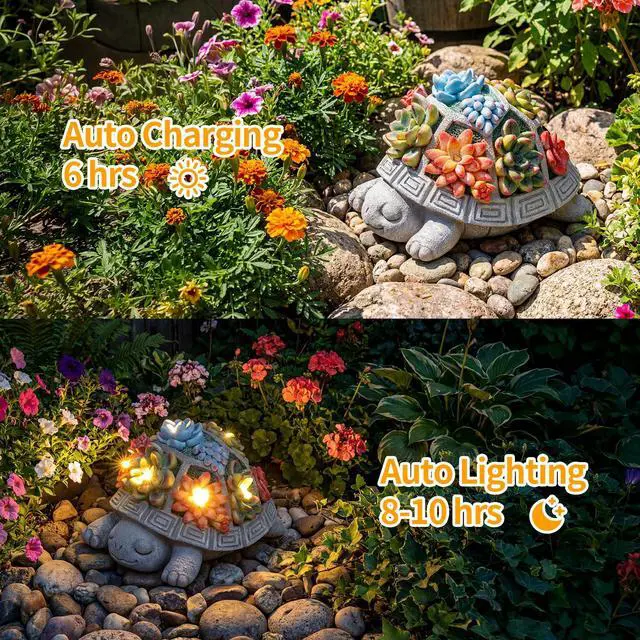 Alt view image 4 of 7 - Solar Turtle Garden Outdoor Decor with Succulent & 7 LED Lights Outside Tortoise Statue Decor for Yard Patio Balcony & Backyard - Home House Decoration Art - Gift for Men Dad Women Mom